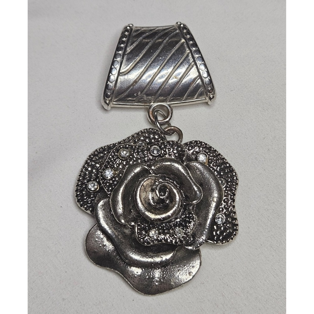 Rose Scarf Slide Pendant Women OS Silver Rhinestone Floral Vintage